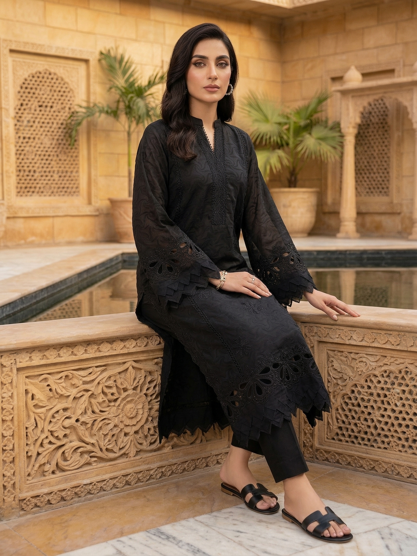 Nuréh Premium Black Embroidered Cutwork Shirt (1-Piece Stitched)