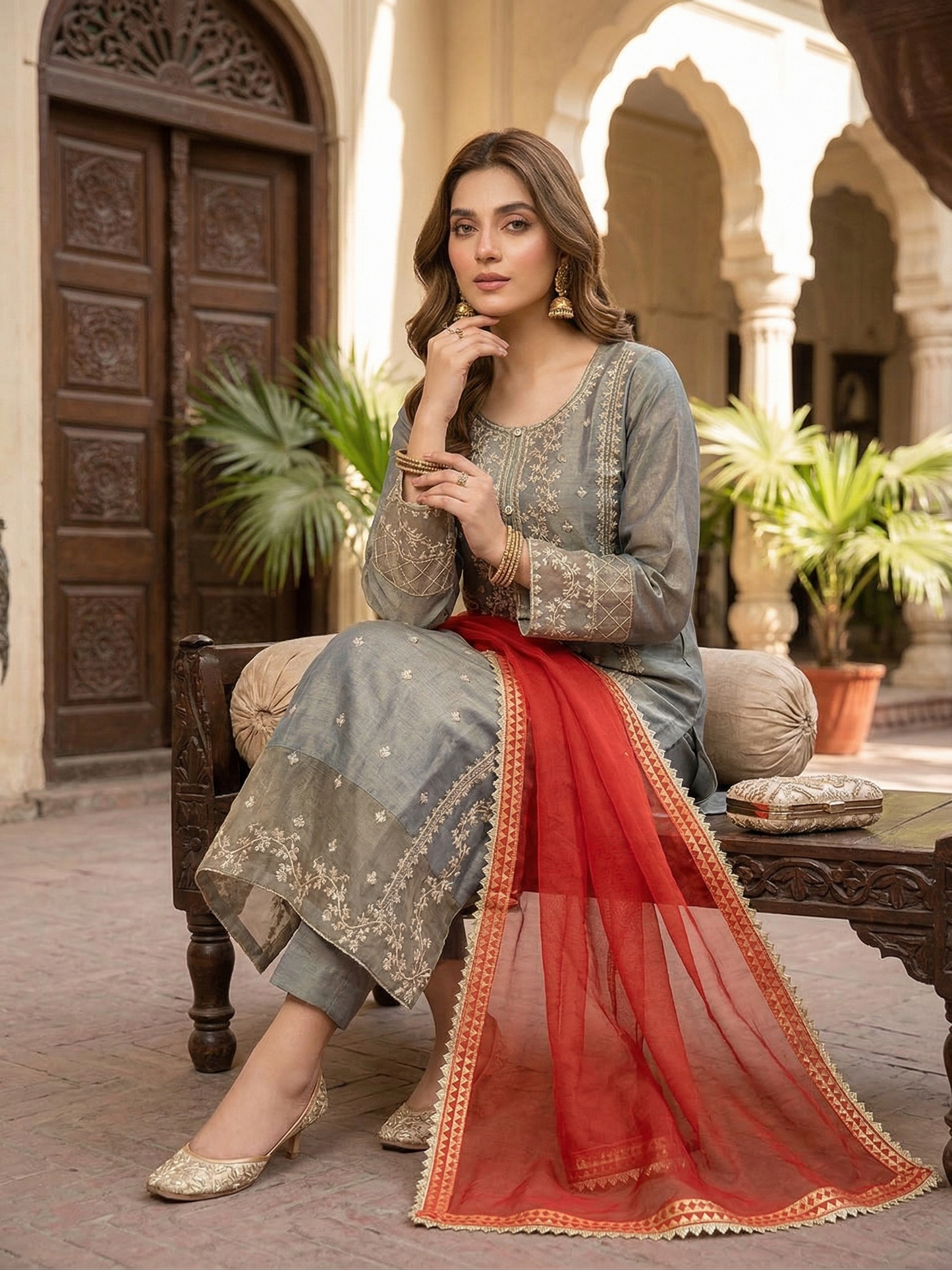 Elegant Festive 2-Piece Embroidered Organza Suit
