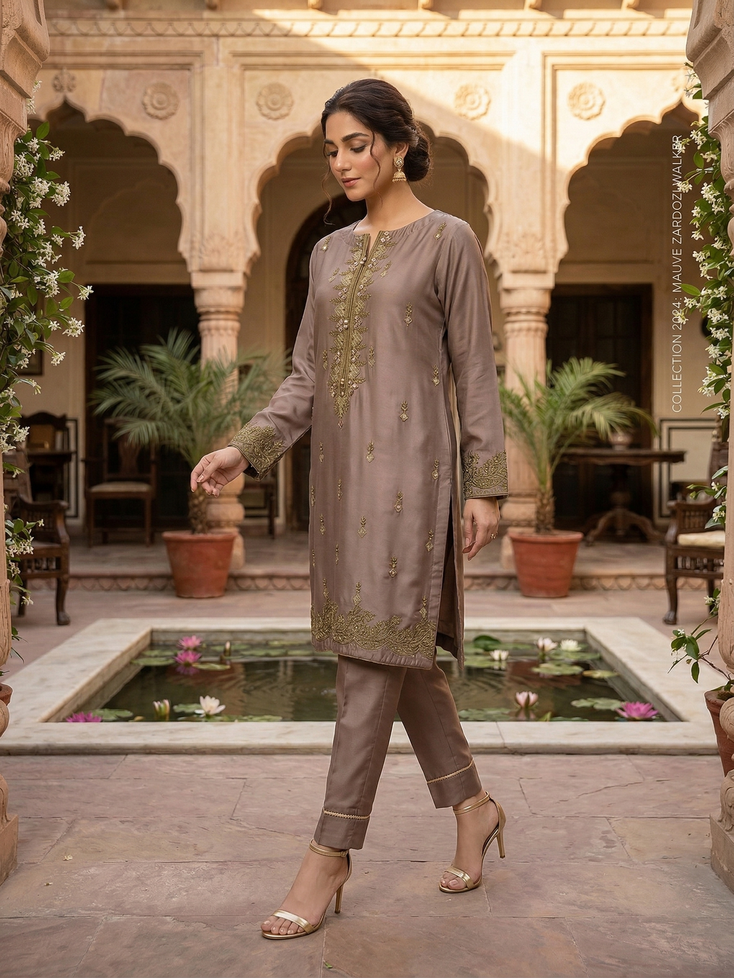 Premium Stitched Mauve Silk Embroidered Short Shirt