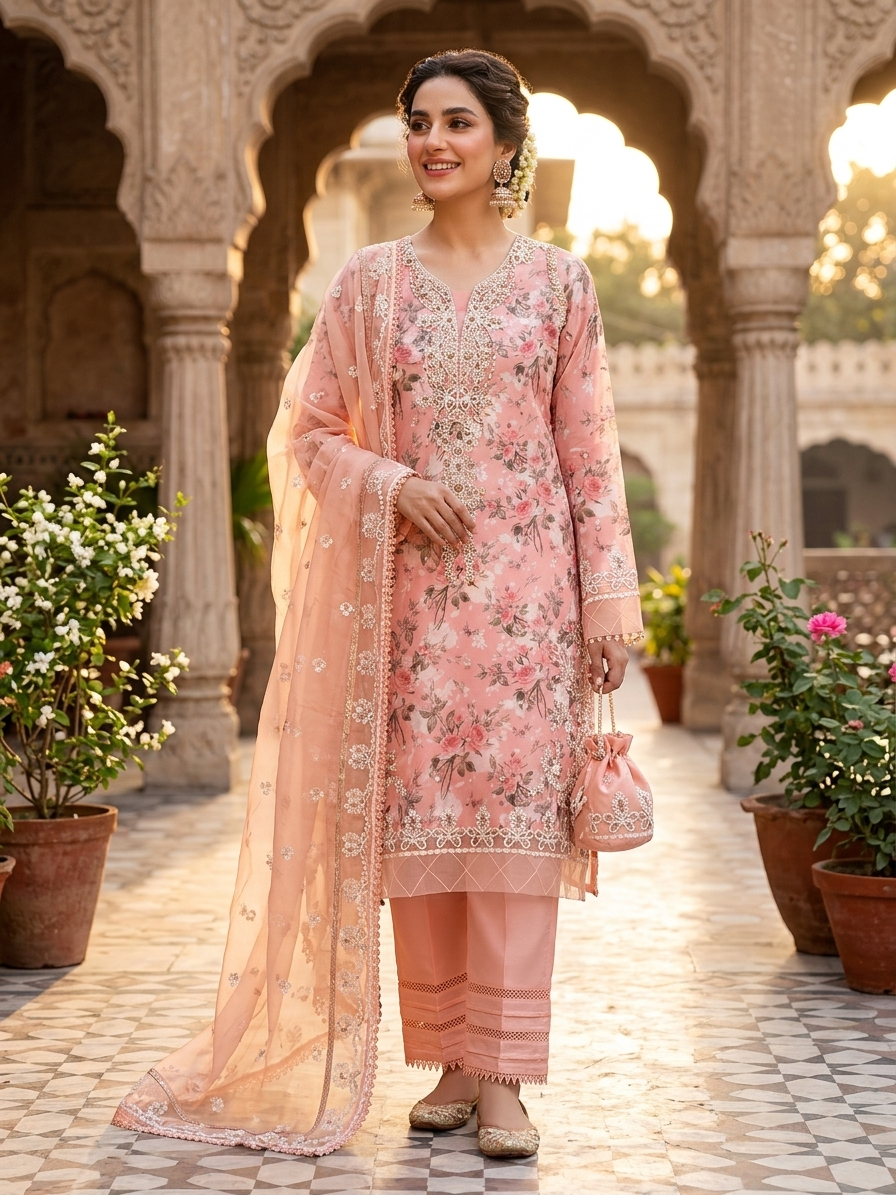 Guzel Rose Pink Embroidered Festive Formal 3-Piece Suit