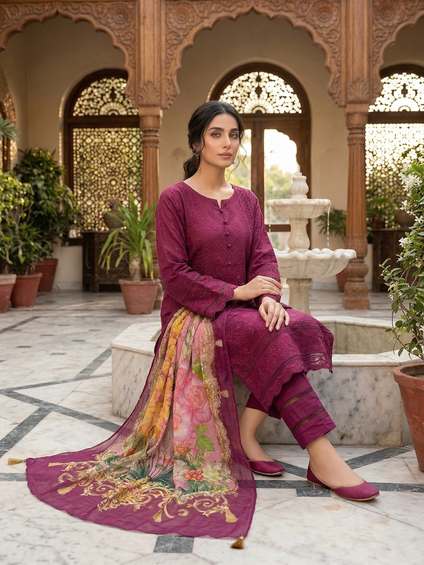 Elegant Embroidered Cotton 3-Piece Suit with Floral Chiffon Dupatta