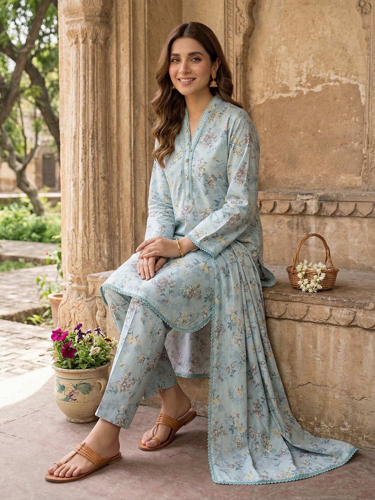 HZ Serene Powder Blue Floral Stitched 2-Piece Lawn Suit