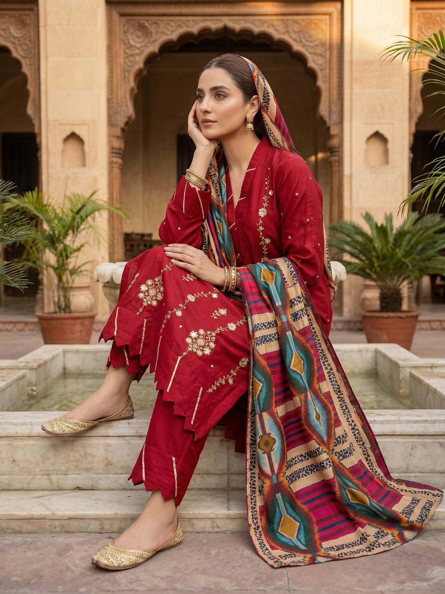 Classic Crimson 3-Piece Embroidered Silk Suit
