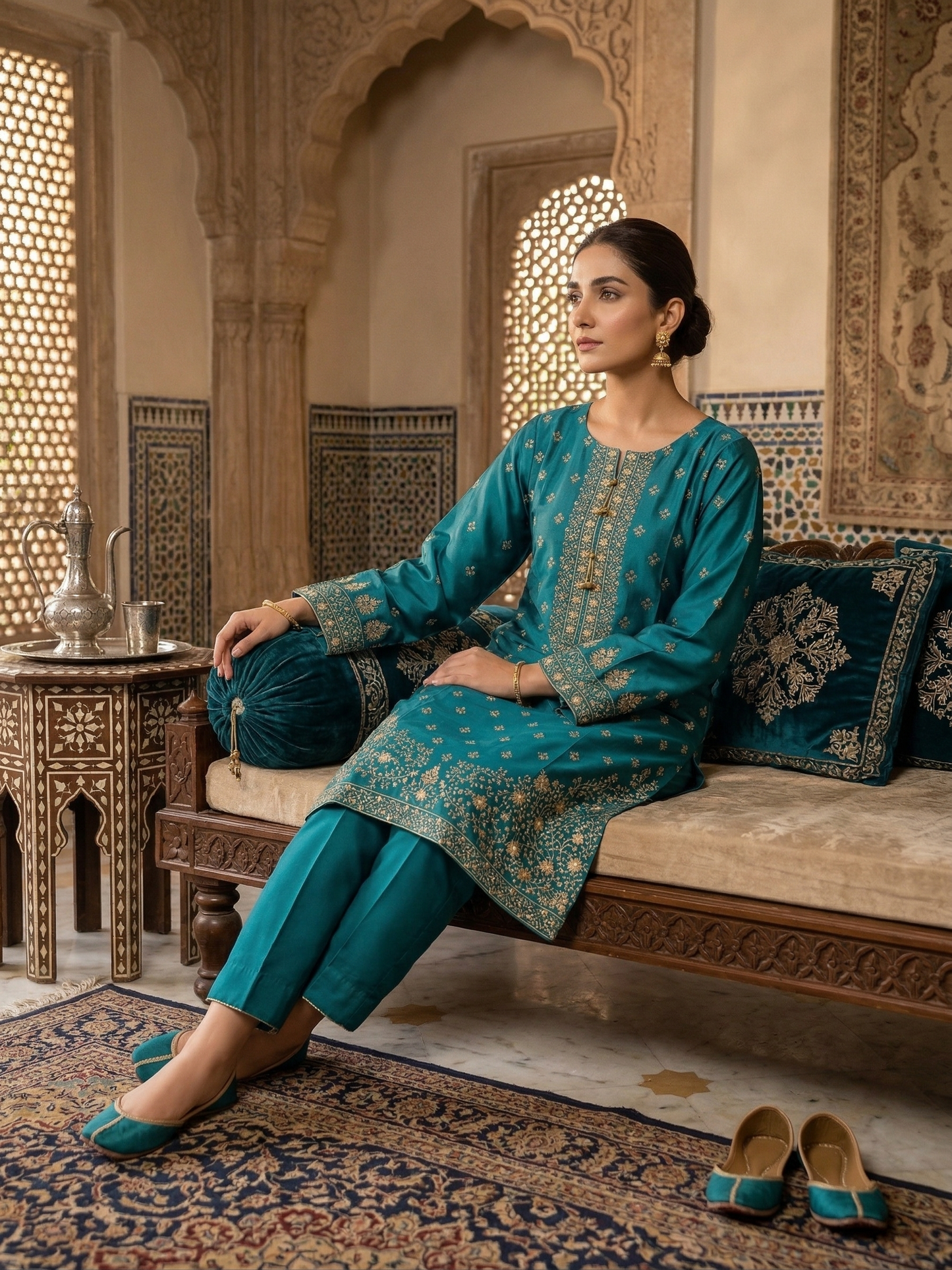 Riwayat Pret Stitched Teal Silk Embroidered Short Shirt (1-Piece)