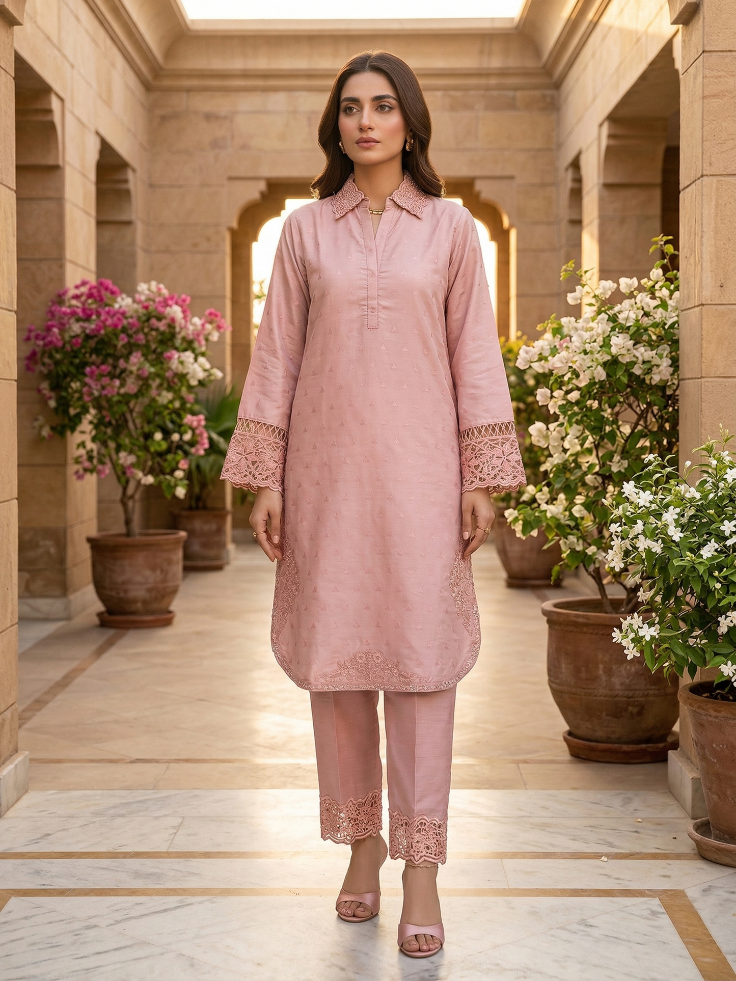 Elegant Stitched 2-Piece Silk Suit with Cutwork Embroidery