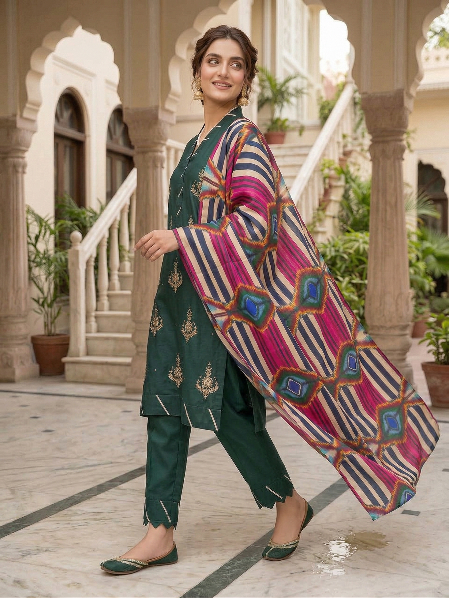 Luxury Stitched 3-Piece Silk Festive Suit - Deep Emerald