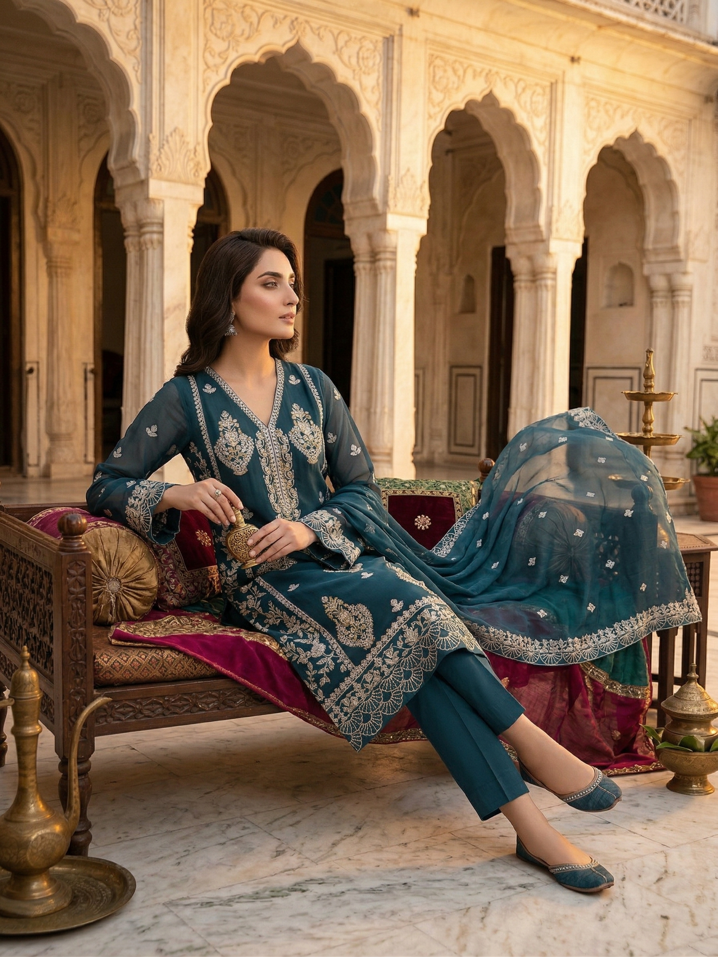 Teal Elegance: Premium Stitched 2-Piece Embroidered Chiffon Suit