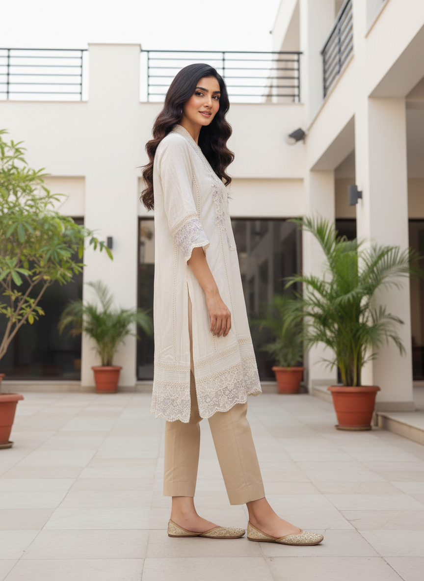 AZURE Luxury Embroidered Cotton Net Shirt – Cream Elegance