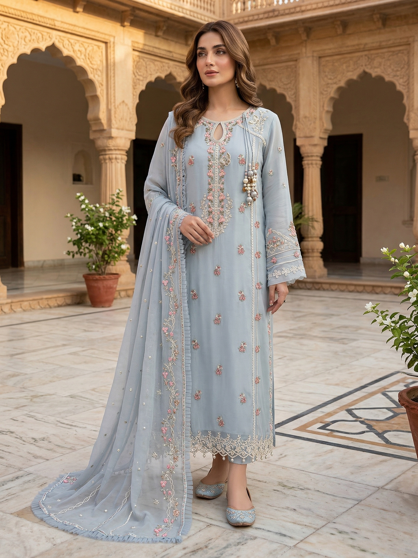 Blue Pearl-Embroidered Chiffon 2-Piece Suit