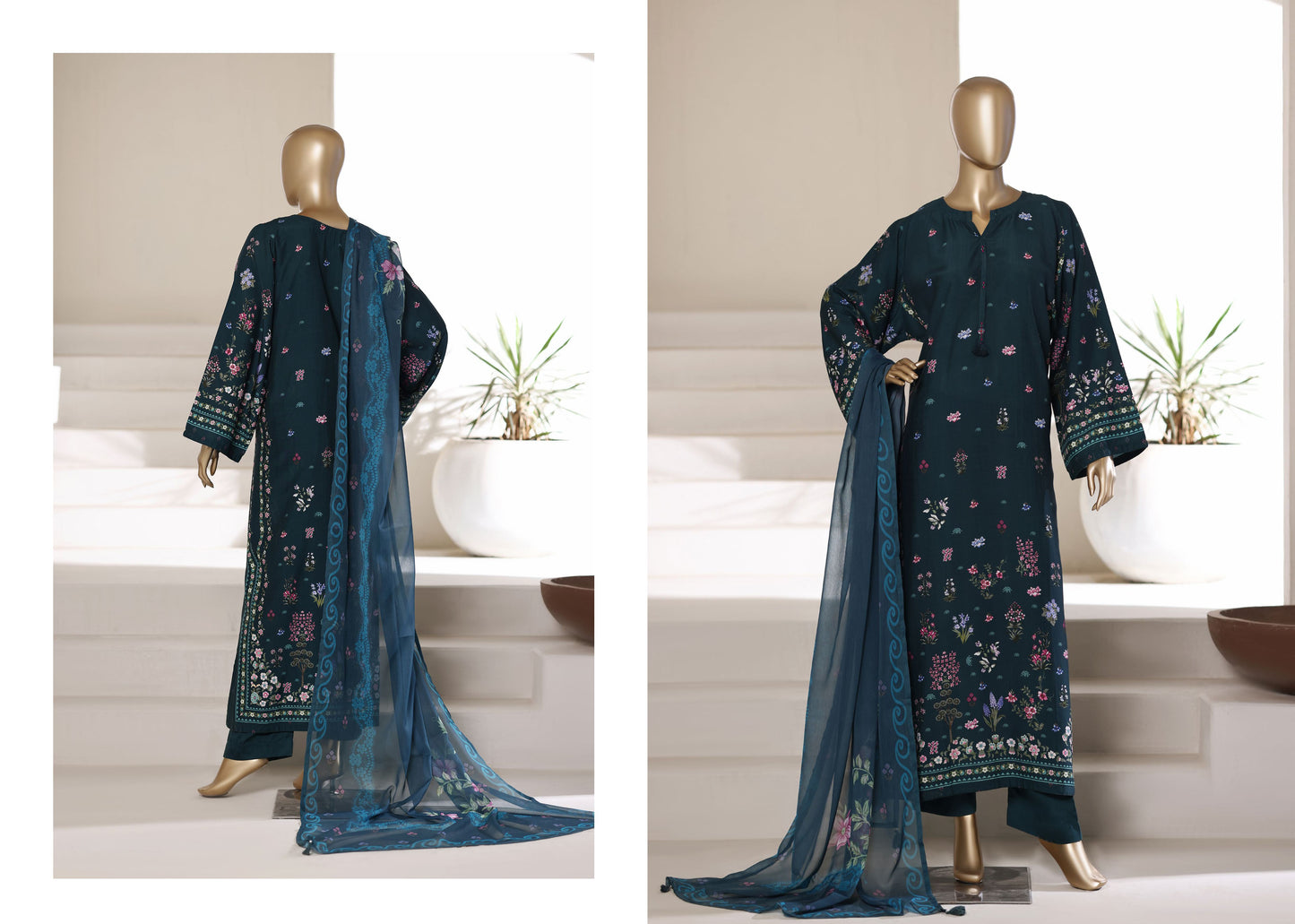 Sadabahar Teal Floral Digital Printed Kaftan 3-Piece Suit