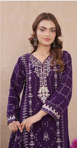 Sadabahar Chiffon 3-Piece Festive Suit - Luxury Embroidered Royalty