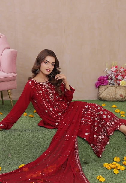 Sadabahar Exclusive Red Chiffon 3-Piece Festive Suit - Luxury Embroidered Elegance