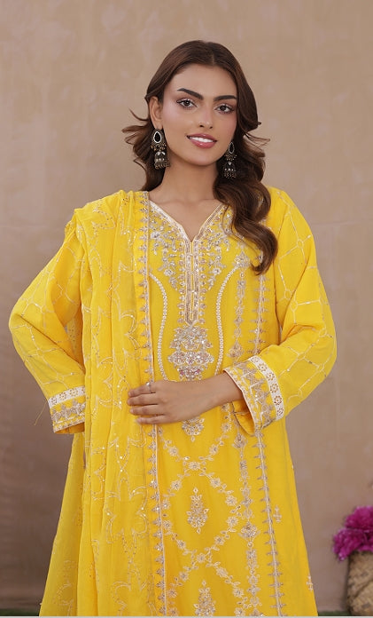 Sadabahar Chiffon 3-Piece Festive Suit - Luxury Embroidered Sunshine