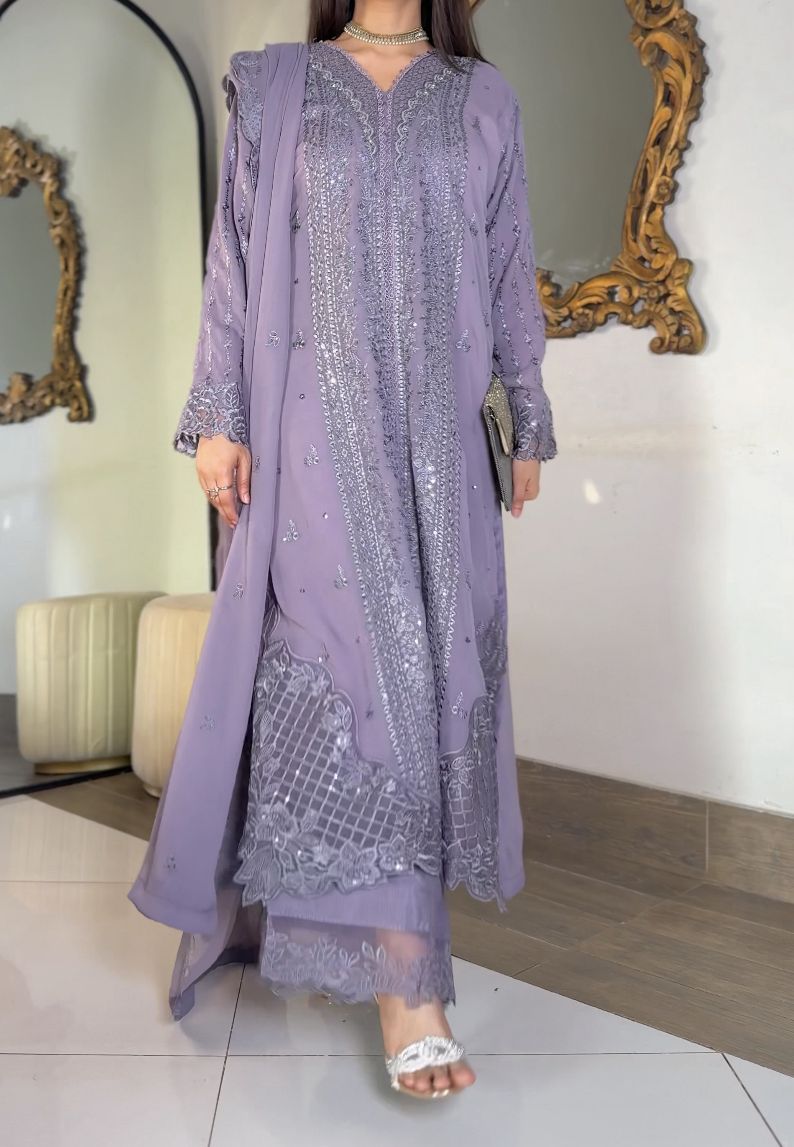 Lavender Luxe: 3-Piece Heavily Embroidered Chiffon Suit