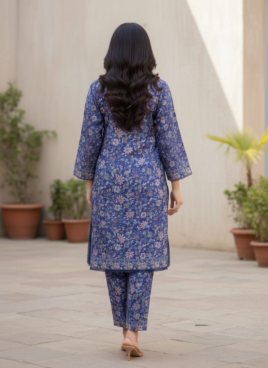 Agha Noor 2-Piece Printed cotton silk luxury– Midnight Azure