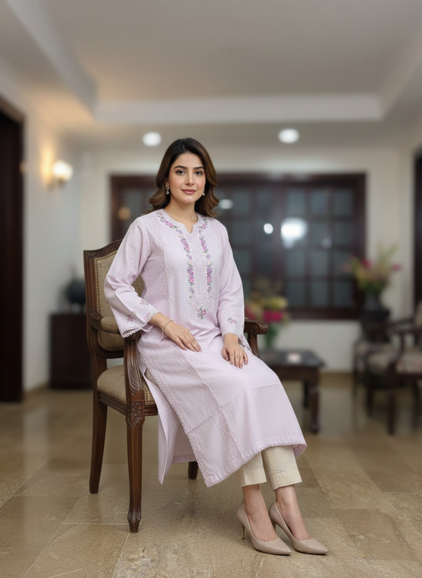Agha Noor: Lilac Dream lawn Embroidered Shirt