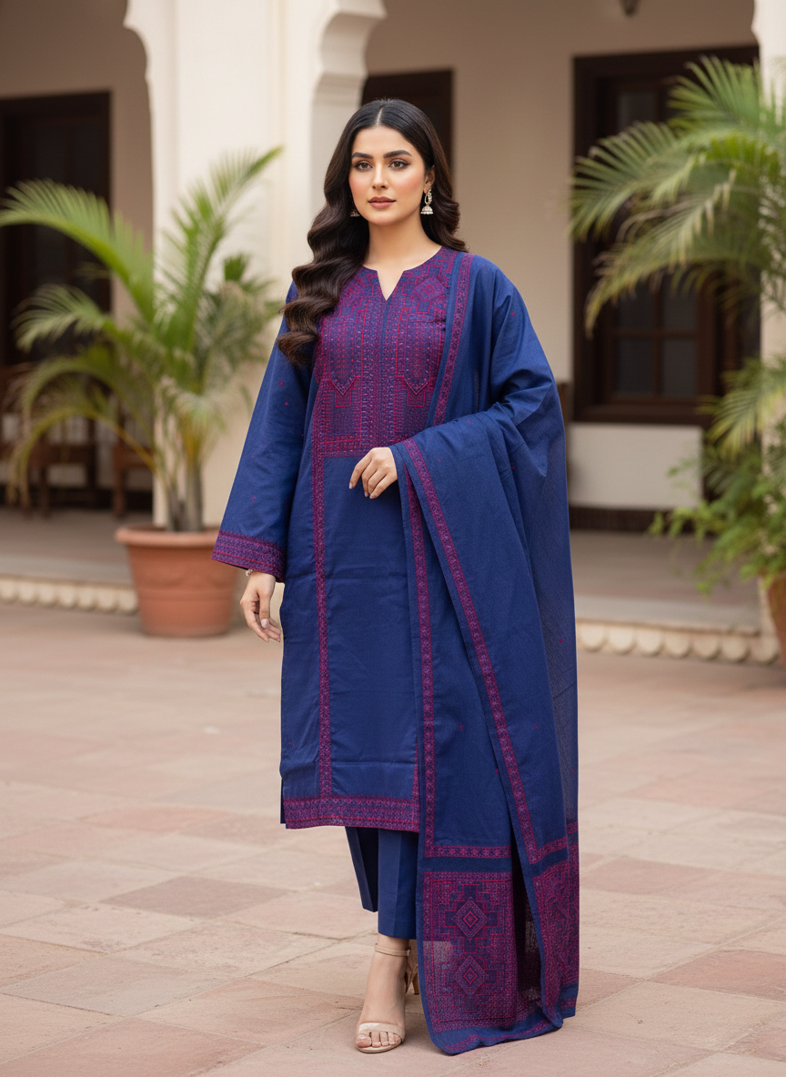 Agha Noor Navy Blue Embroidered 2-Piece "lawn Cotton" Ensemble