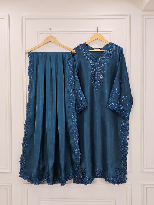 Teal Sheesha Silk Elegance - Luxury Pret Embroidered Suit