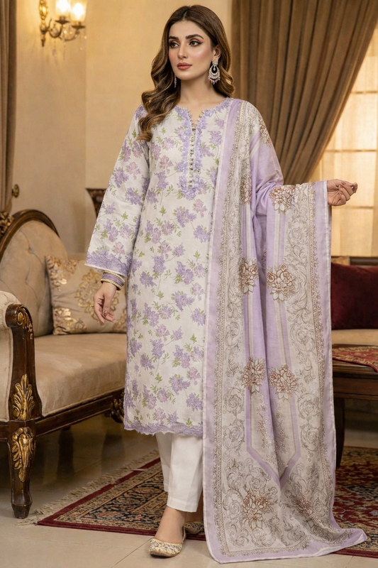Agha Noor 3-Piece lawn Suit – Off-White & Purple Floral Print