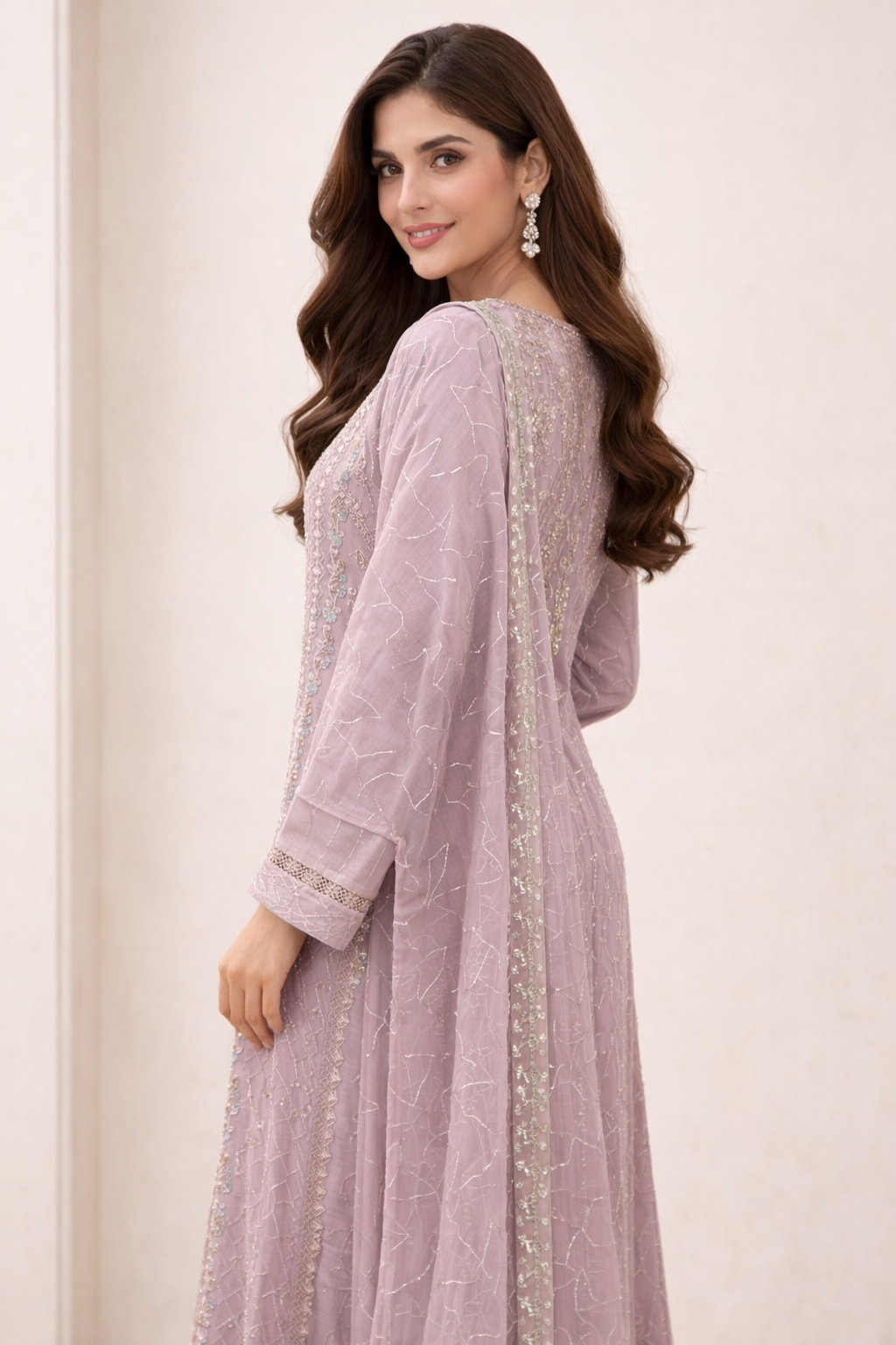 Dusty Lilac Elegance – Chiffon Embroidered 2-Piece Suit