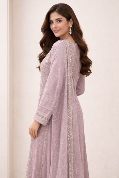 Dusty Lilac Elegance – Chiffon Embroidered 2-Piece Suit