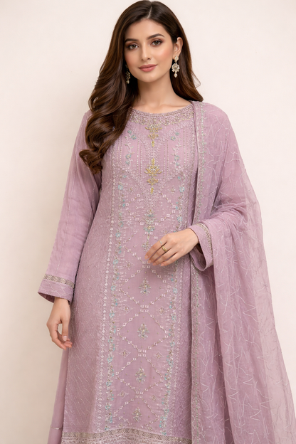 Dusty Lilac Elegance – Chiffon Embroidered 2-Piece Suit