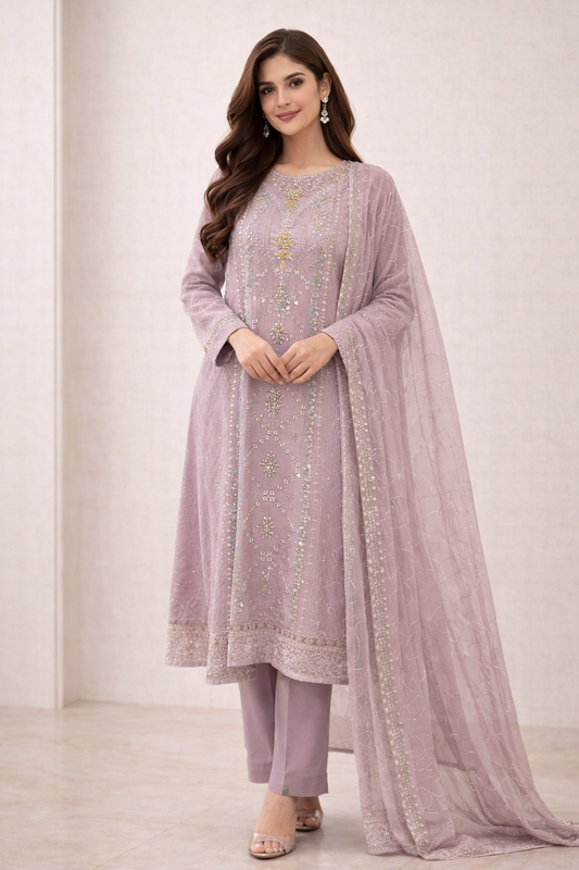 Dusty Lilac Elegance – Chiffon Embroidered 2-Piece Suit