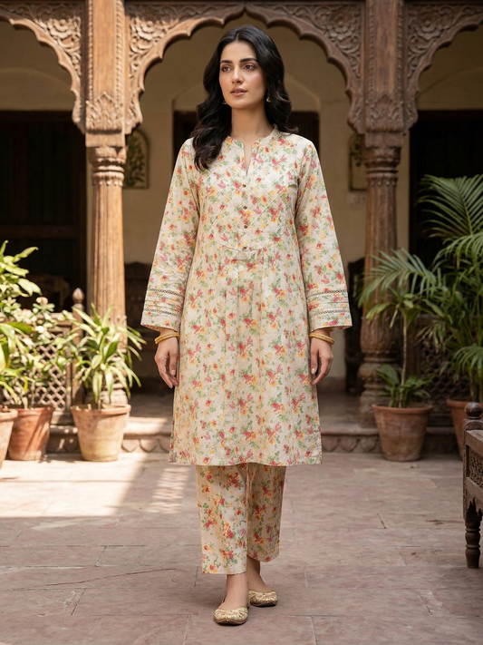 sadabahar Vintage Floral Bliss: 2-Piece Printed lawn Ensemble