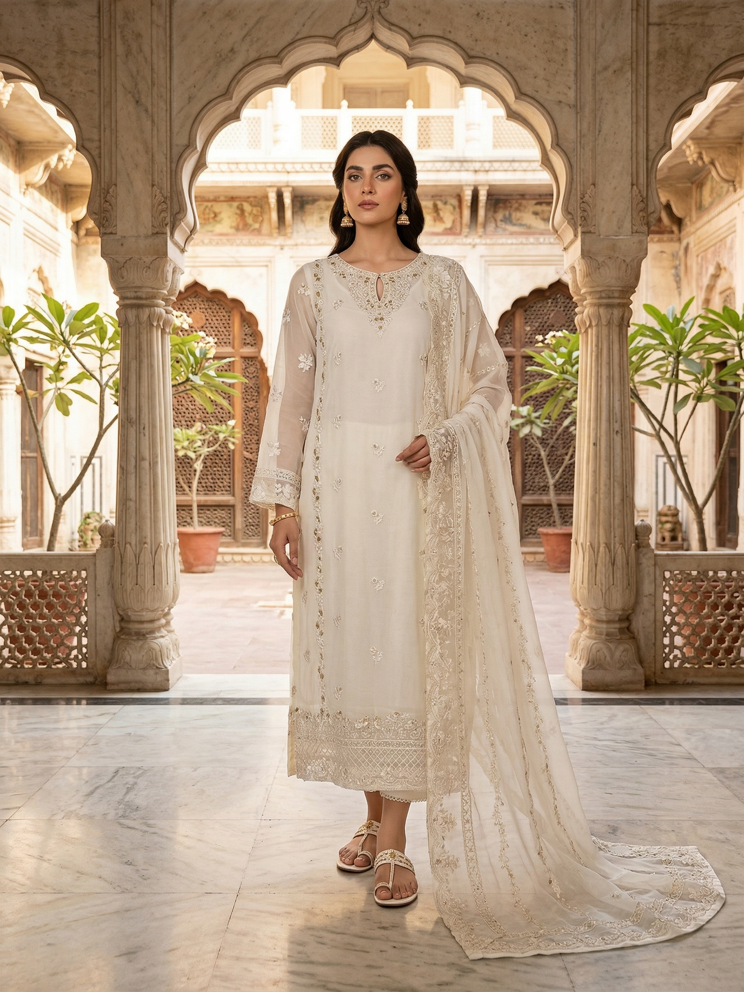 Ivory Elegance 2-Piece Embroidered Chiffon Suit