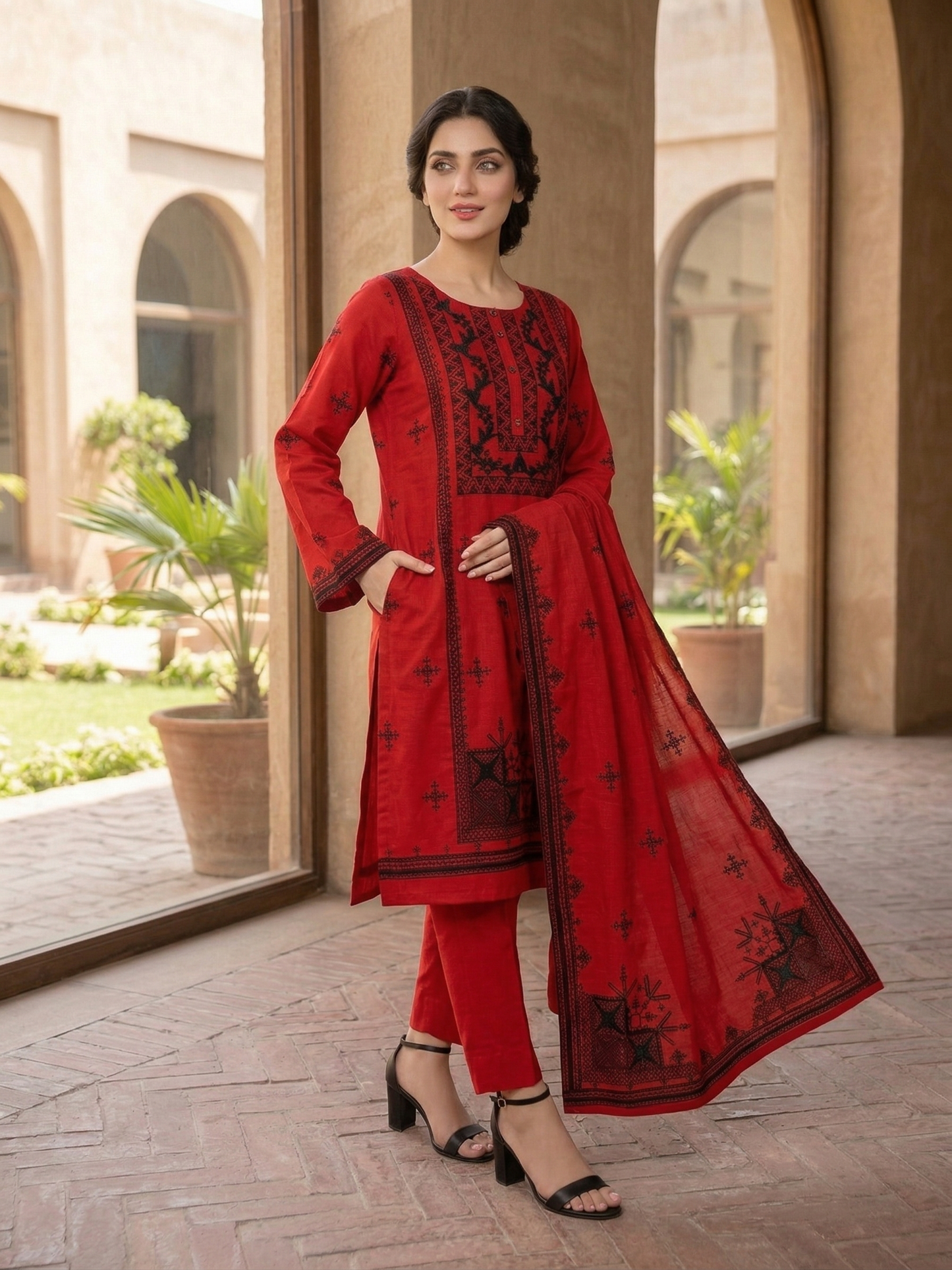 Crimson Heritage: Stitched Balochi-Embroidered Cotton shirt