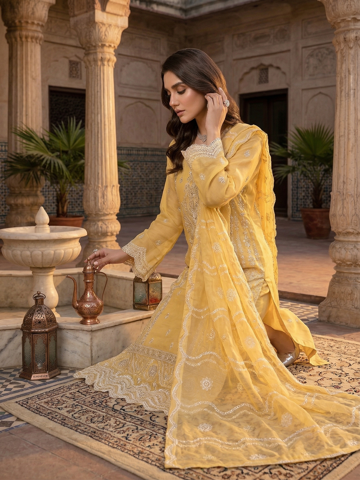 Elegant Canary Yellow Embroidered Chiffon 2-Piece Suit