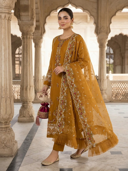 Sadabahar Mustard Embroidered 2-Piece Festive Suit