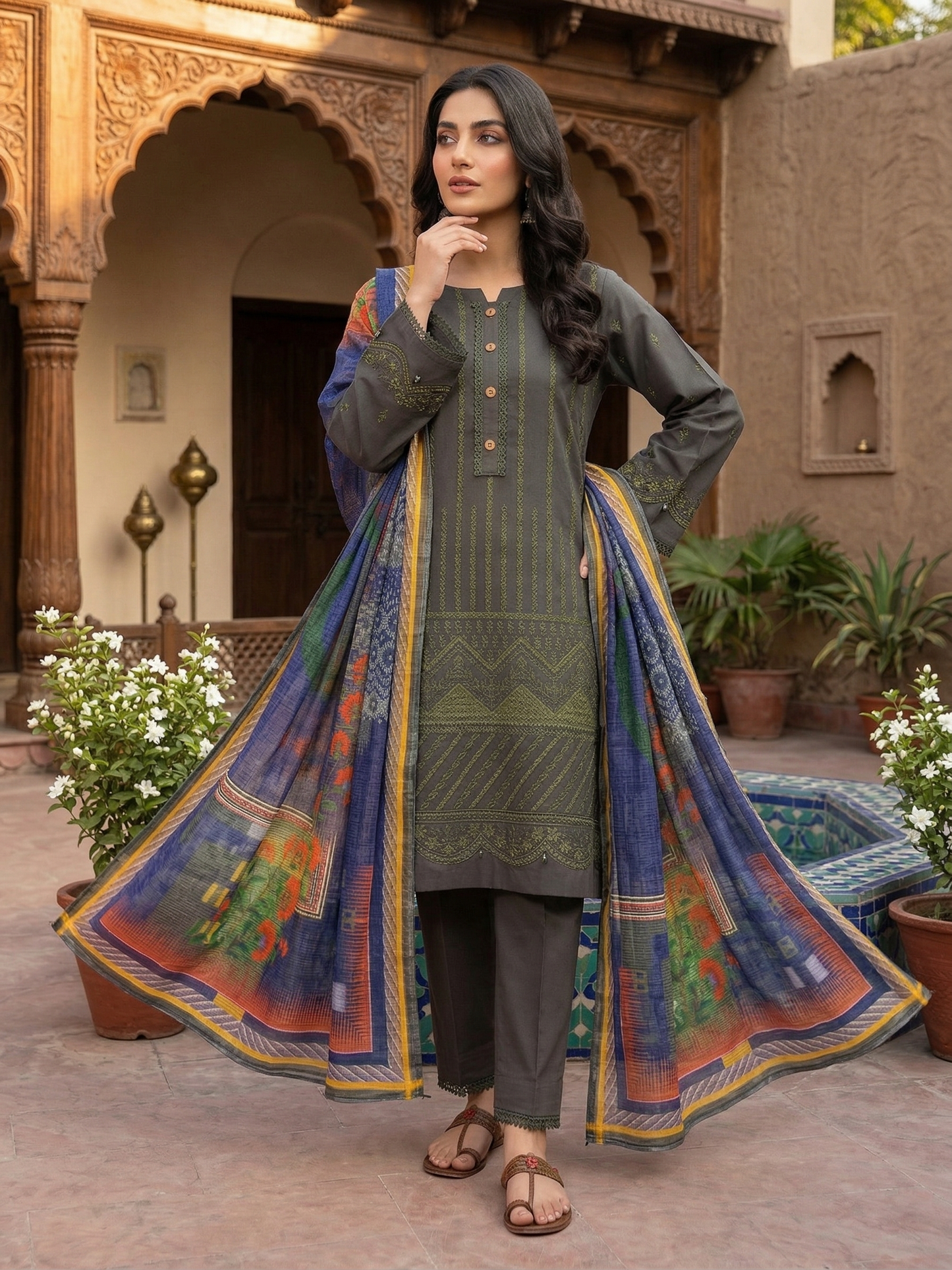 Timeless Charcoal: Stitched 3-Piece Embroidered Cotton Ensemble