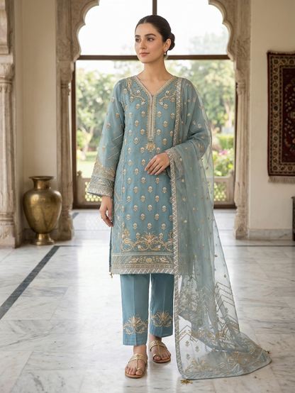 Premium Dusty Teal Embroidered Organza 3-Piece Suit