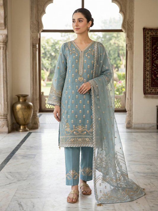 Premium Dusty Teal Embroidered Organza 3-Piece Suit
