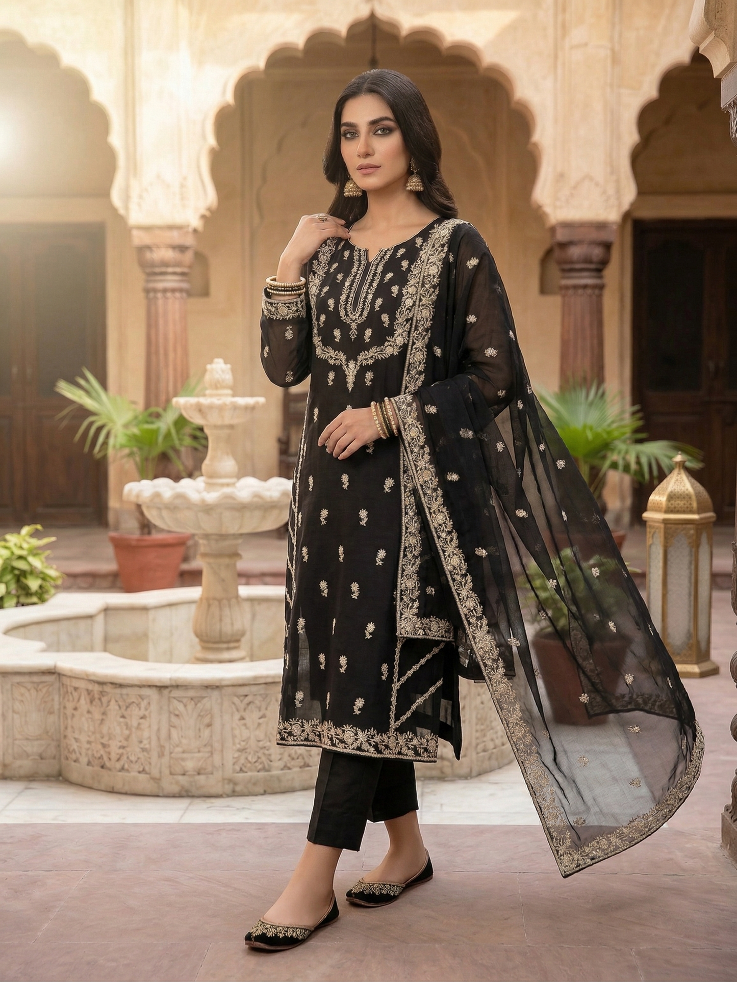 Stitched 2-Piece Embroidered Chiffon Suit – Midnight Onyx
