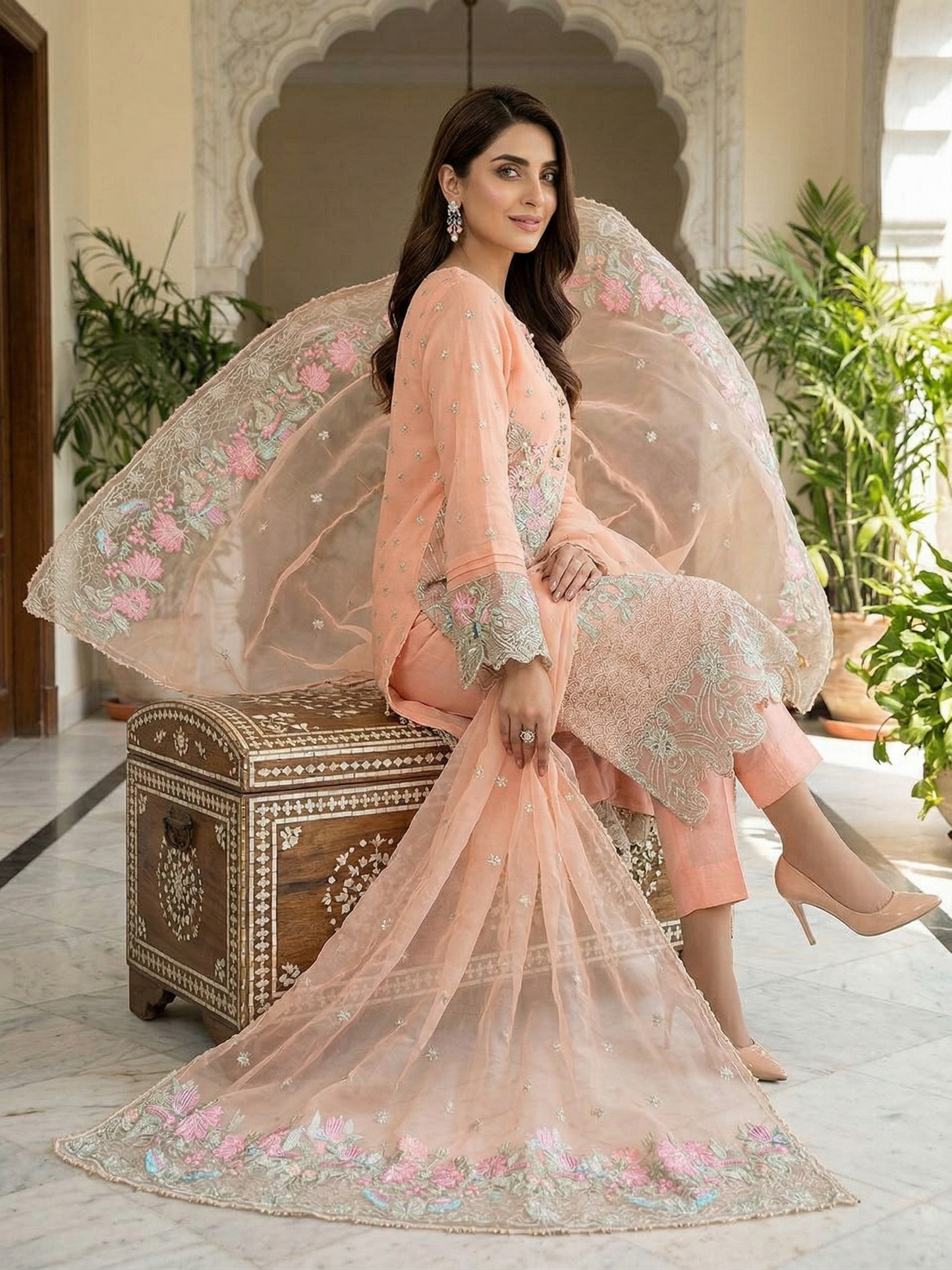 Peach Petals | Stitched 3-Piece Embroidered Chiffon Suit