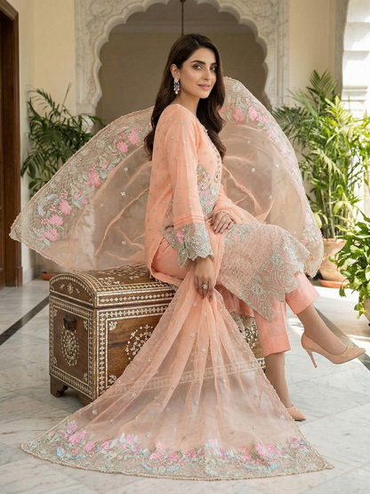 Peach Petals | Stitched 3-Piece Embroidered Chiffon Suit
