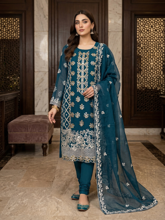 Teal Elegance: Embroidered Chiffon & Organza 2-Piece Suit