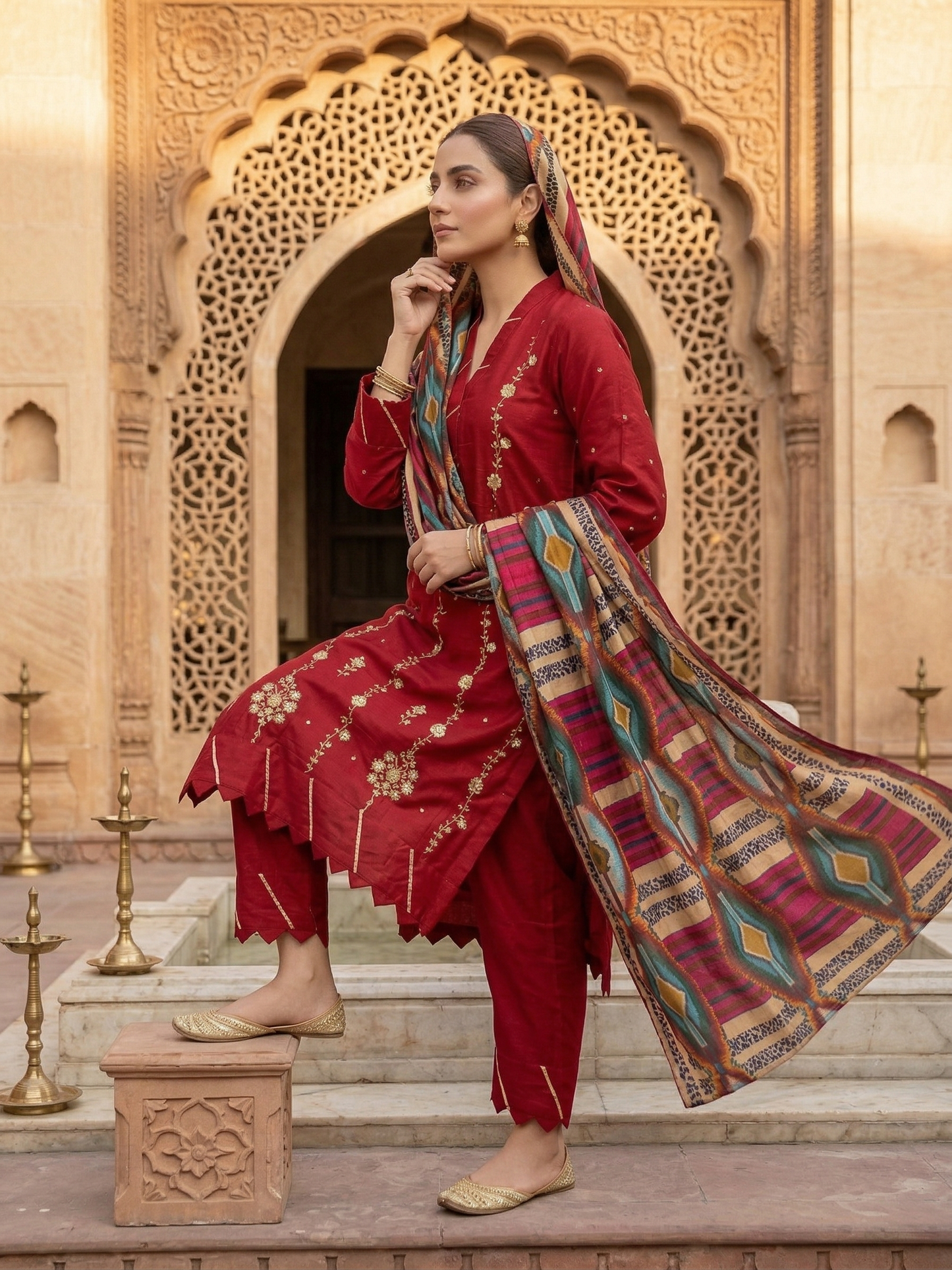 Classic Crimson 3-Piece Embroidered Silk Suit