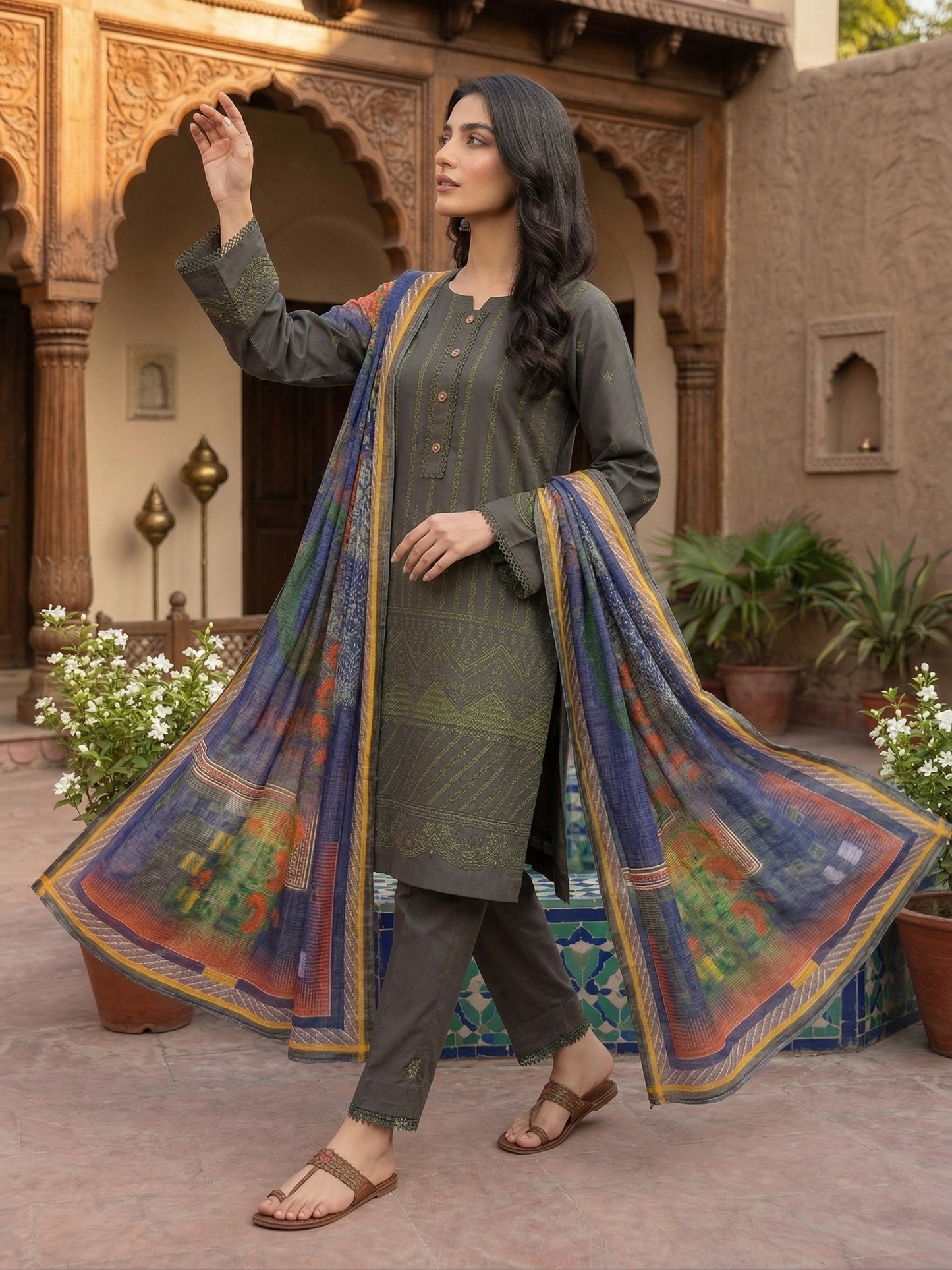Timeless Charcoal: Stitched 3-Piece Embroidered Cotton Ensemble