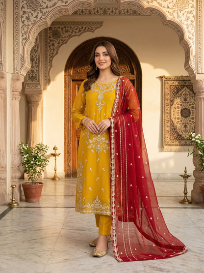 mustard & Crimson Chiffon Elegance