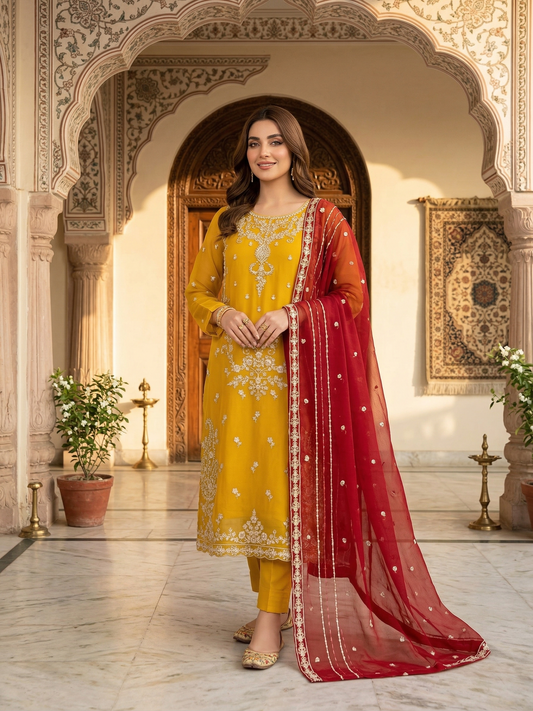 mustard & Crimson Chiffon Elegance