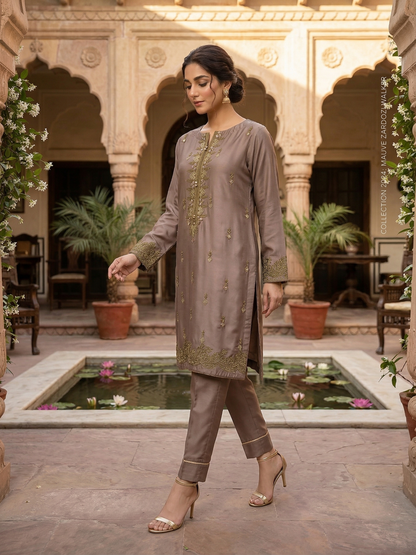Premium Stitched Mauve Silk Embroidered Short Shirt