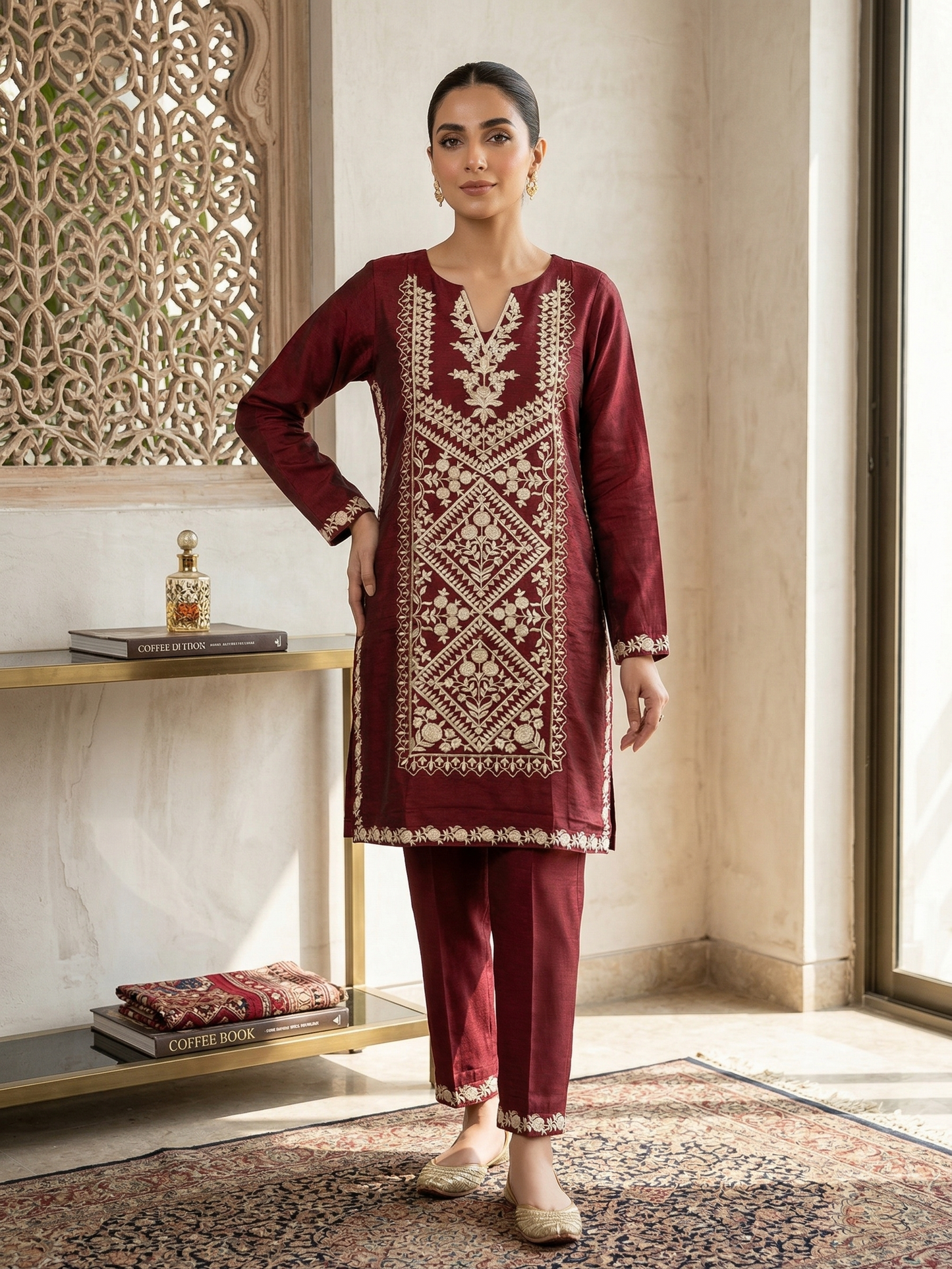 Elegant Maroon Embroidered Chiffon Shirt (1-Piece)