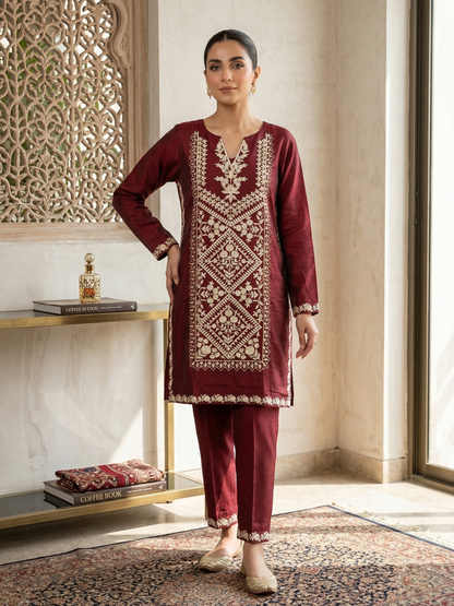 Elegant Maroon Embroidered Chiffon Shirt (1-Piece)