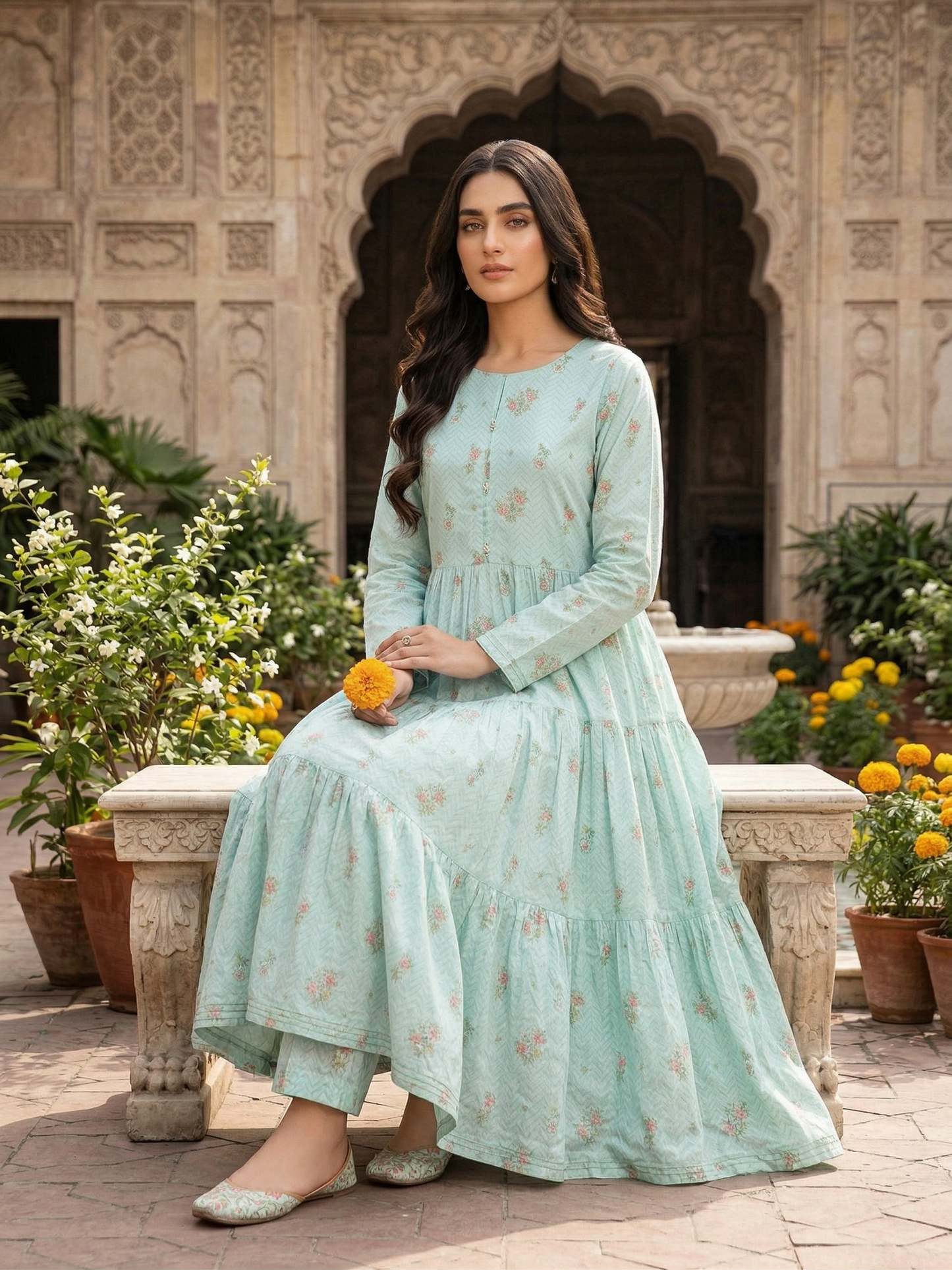 Sadabahar Mint Floral Tiered Lawn Frock – Stitched 2-Piece