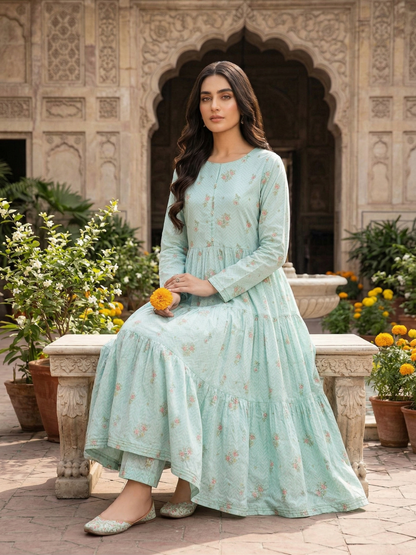 Sadabahar Mint Floral Tiered Lawn Frock – Stitched 2-Piece
