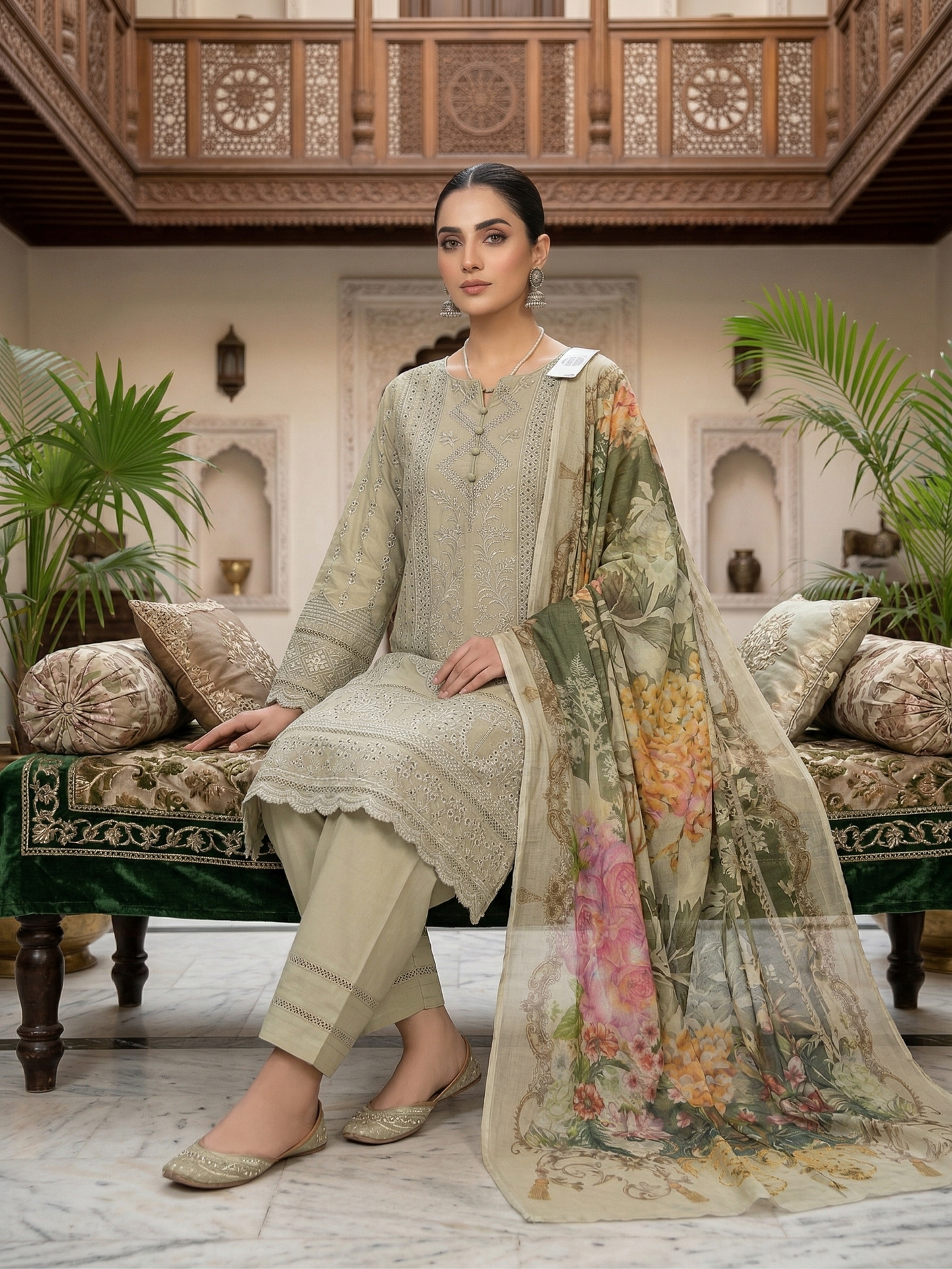 Elegant Sage Green Schiffli Embroidered 3-Piece Cotton Suit