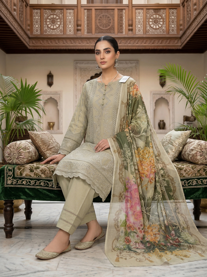 Elegant Sage Green Schiffli Embroidered 3-Piece Cotton Suit